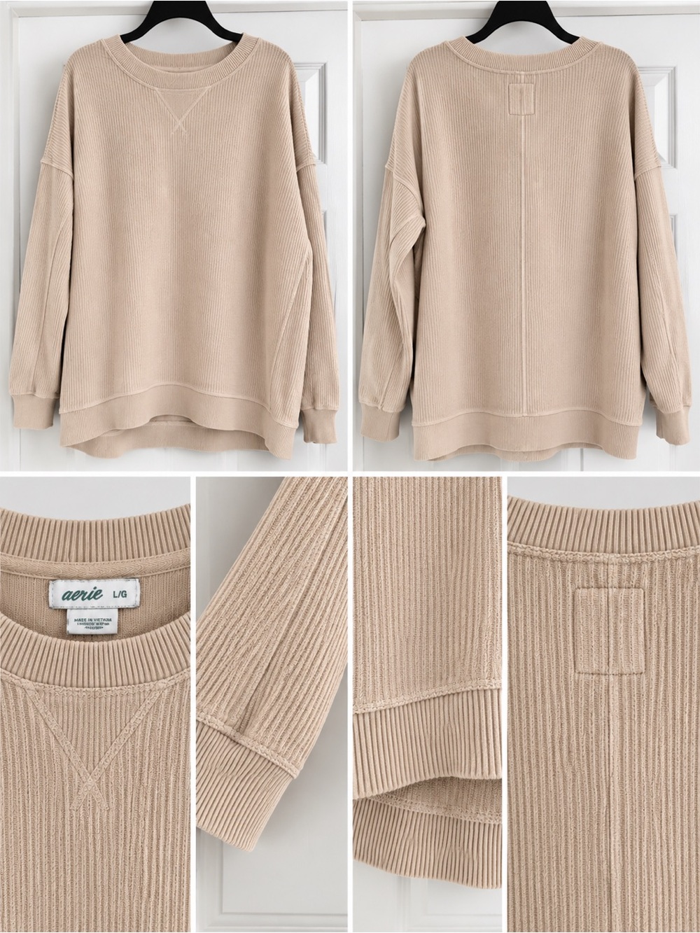 aerie Oversized Ribbed Crewneck Sweater - Beige